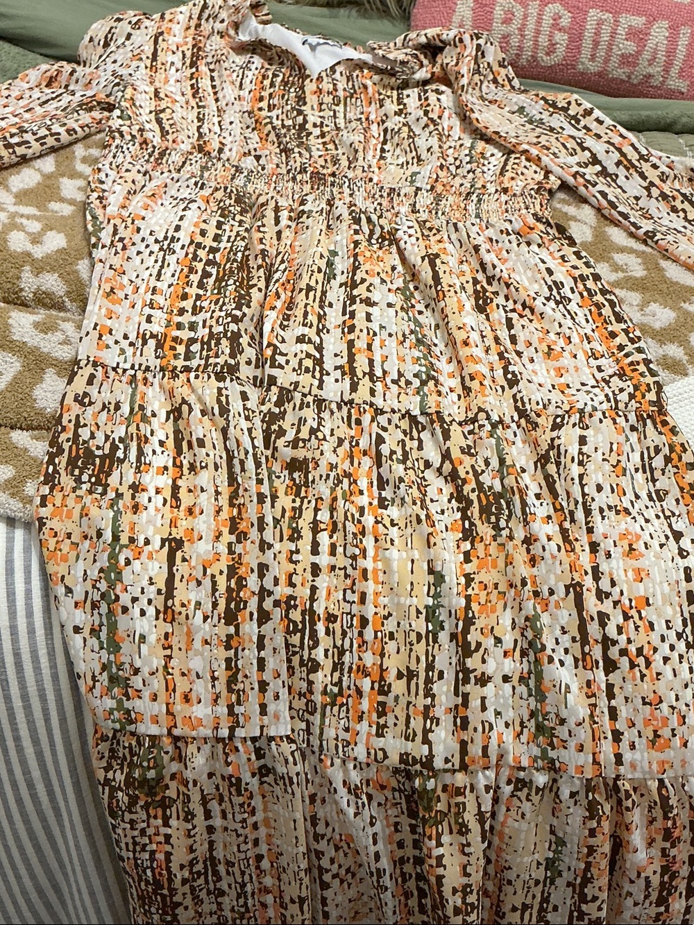 Long Sleeve Tiered Dress in Cream, Orange & Brown